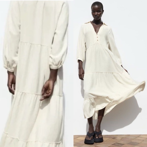 Zara Cream Tiered Linen Blend Midi Dress Natural Neutral Boho Cottagecore M - Picture 1 of 14